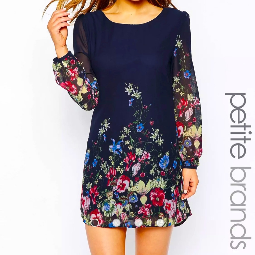 Yumi Petite Navy Blue Floral Sheer Summer Spring Dress Size US 0-4 NWOT